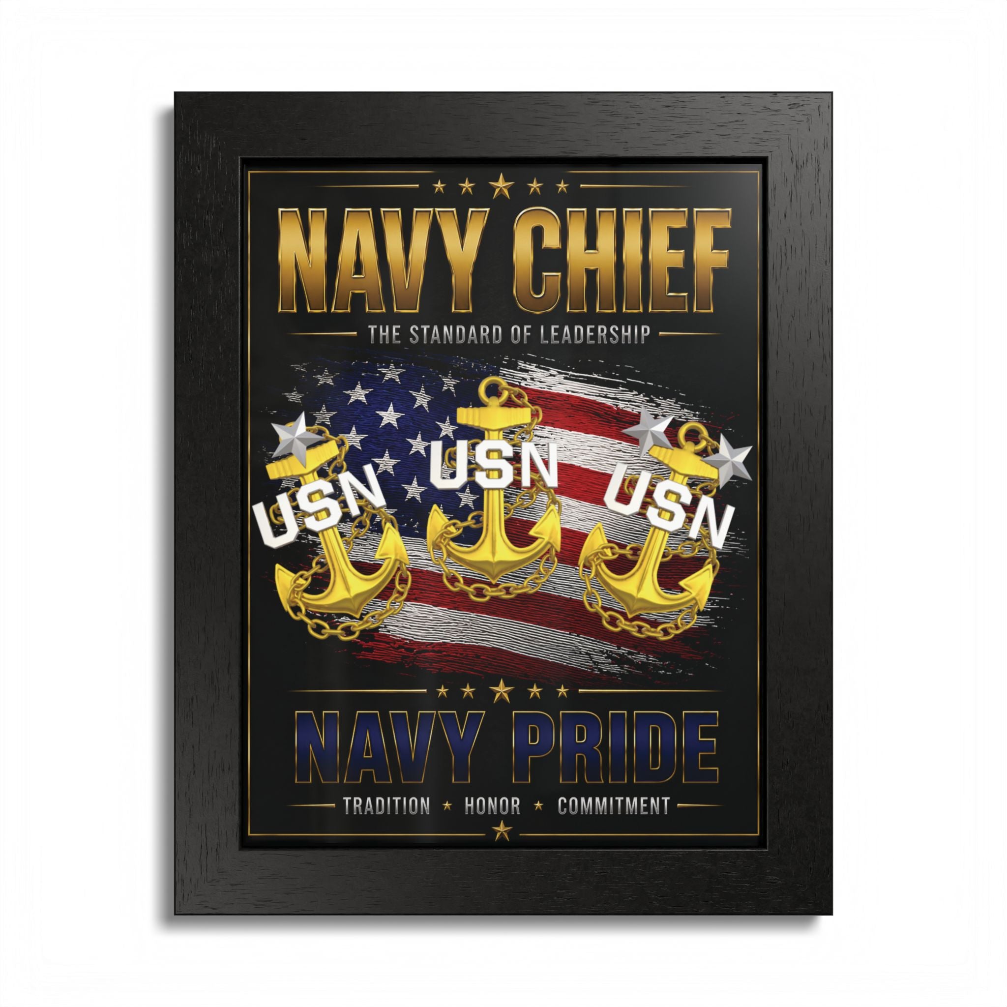 Framed poster with US Navy symbols and text on a black background