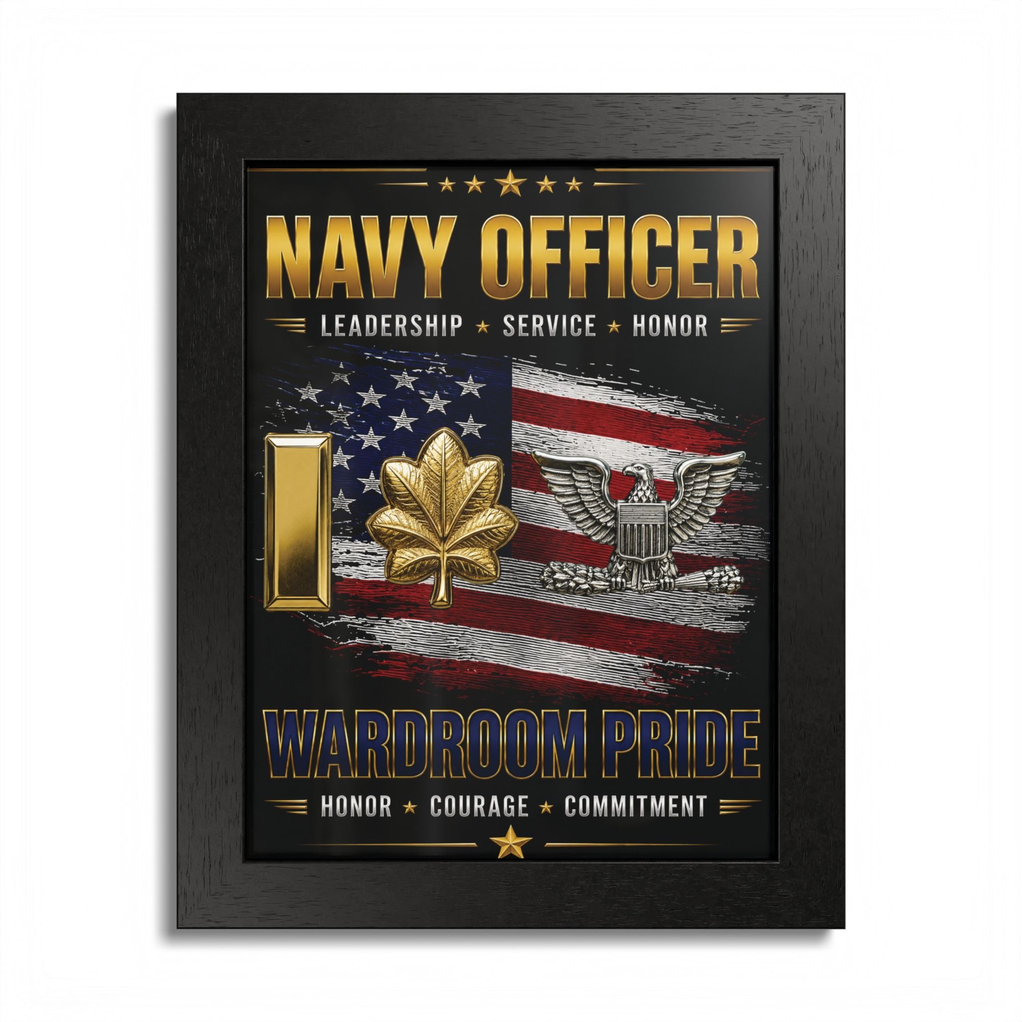 Framed artwork celebrating Navy Officer with American flag and military symbols.