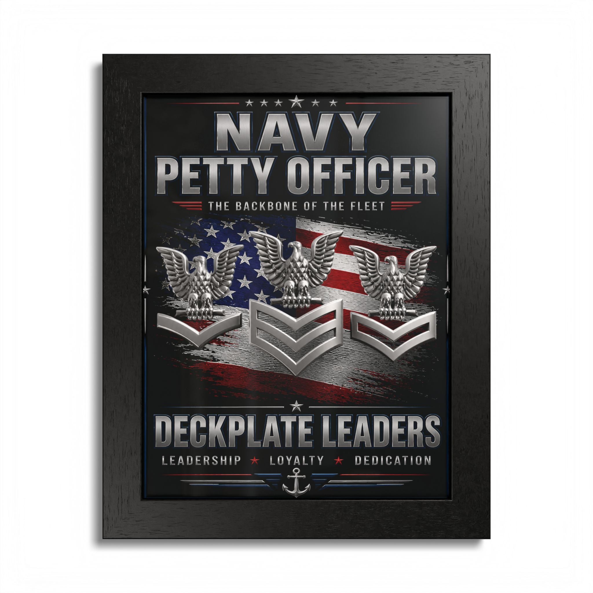 Framed poster with Navy Petty Officer insignia and American flag design.