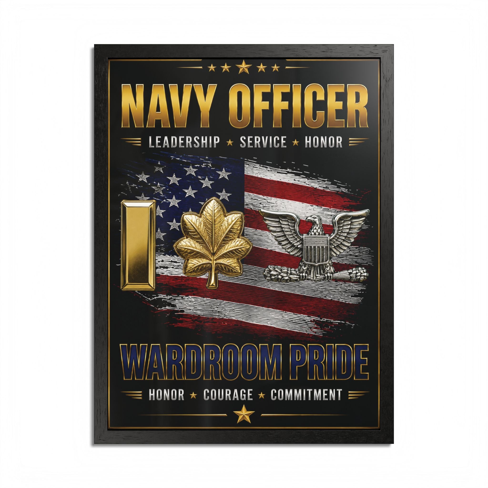 Decorative wall art with 'Navy Officer' text and American flag design on a white background