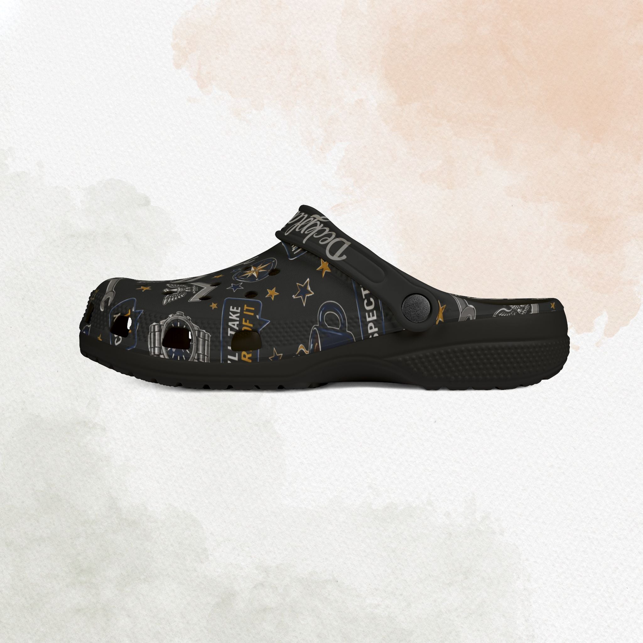 Black clog shoe with text and graphics on a white background