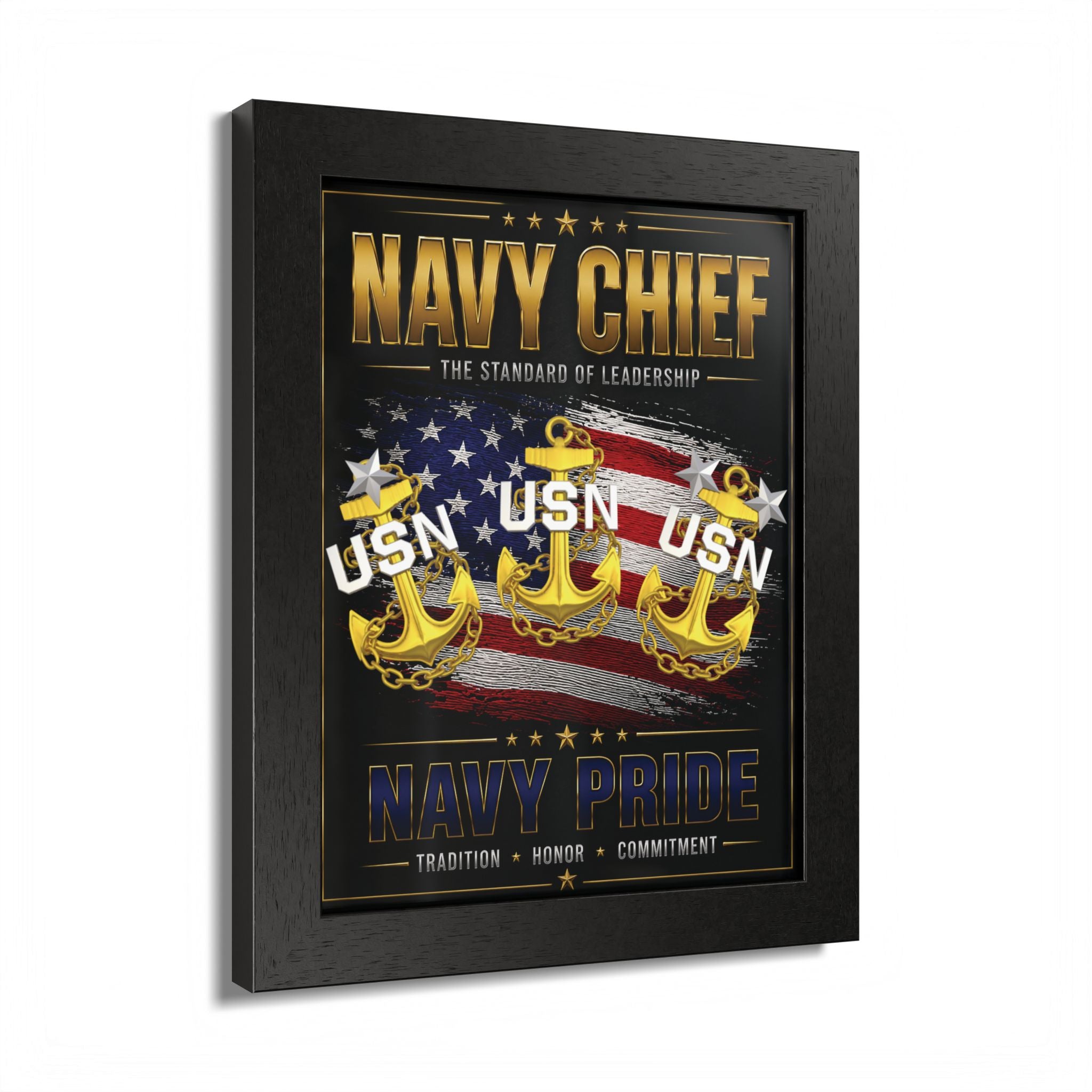 Framed artwork celebrating Navy Chief with USN symbols and text on a black background