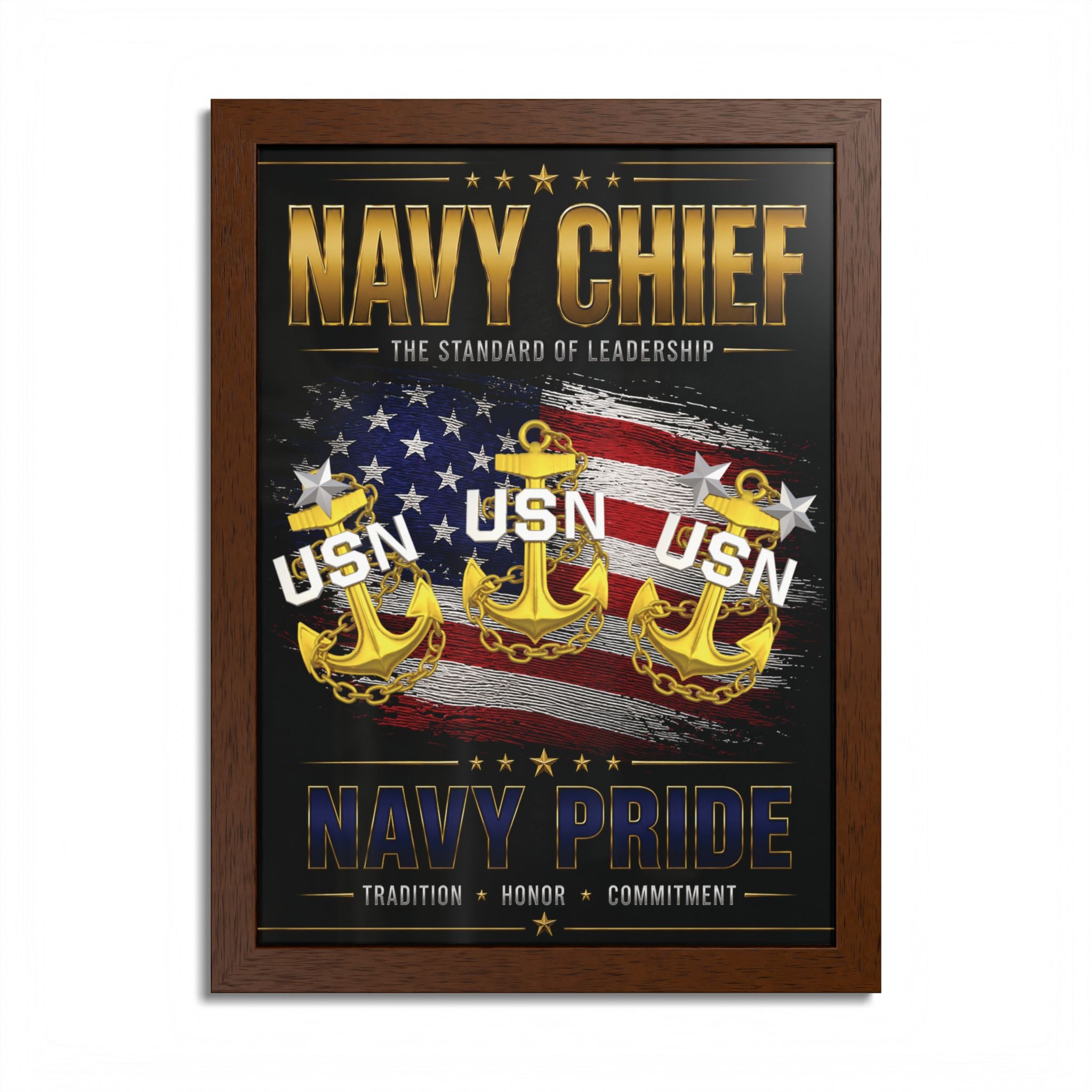 Framed poster with 'Navy Chief' and 'Navy Pride' text, featuring an American flag and anchors.