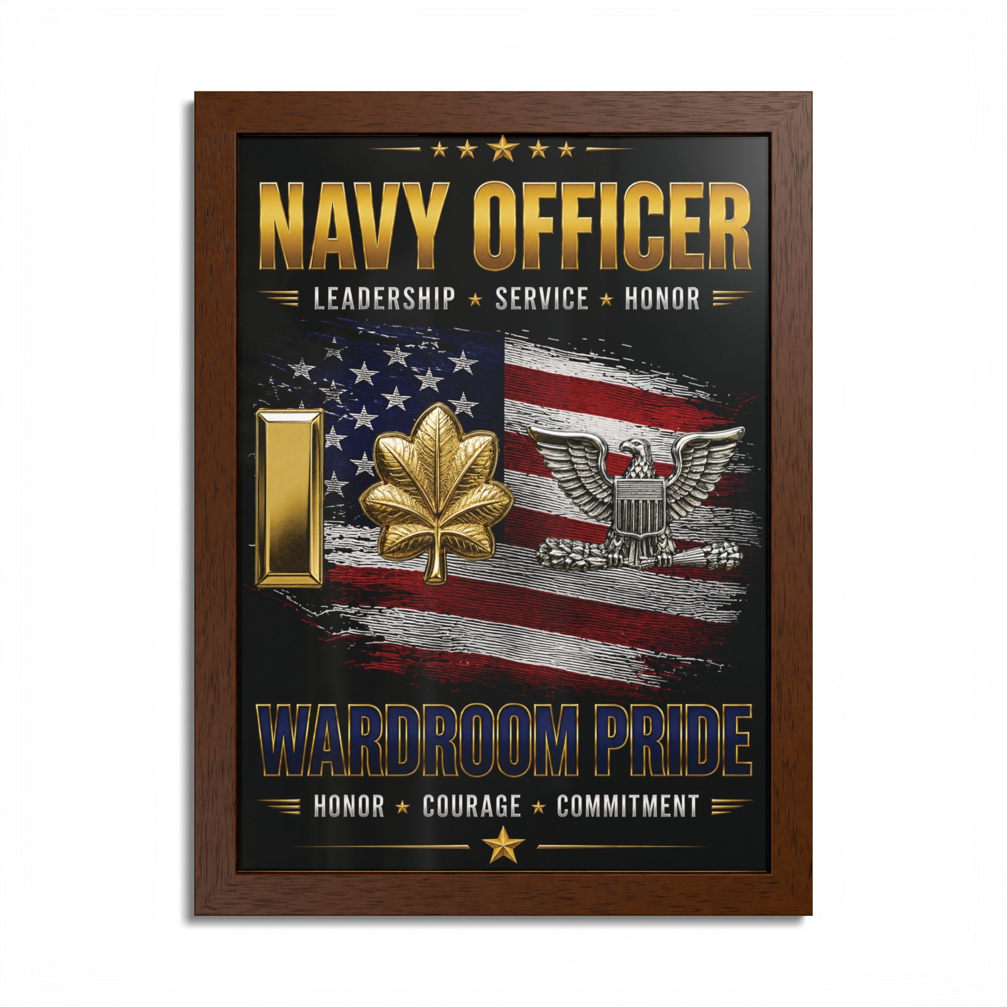 Framed poster with 'Navy Officer' text and American flag design on a black background.