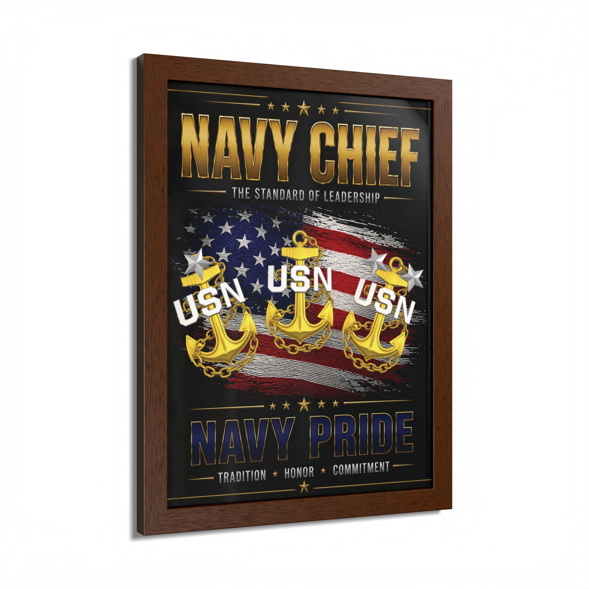 Framed poster with 'Navy Chief' and 'Navy Pride' text, featuring an American flag and anchors.
