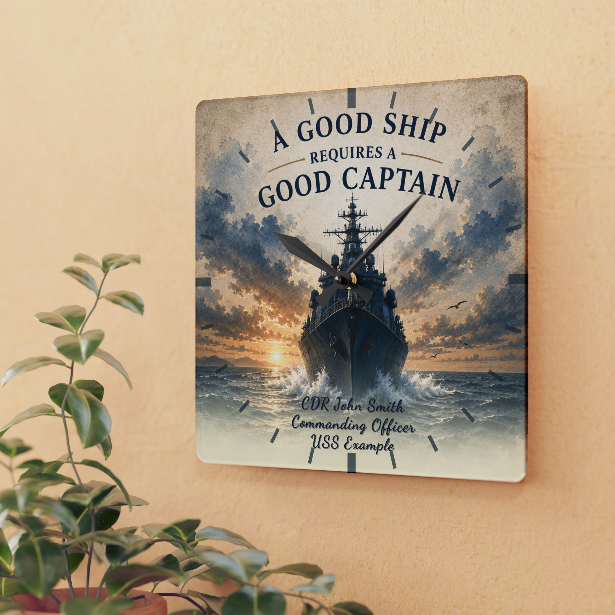 Decorative wall plaque with ship design and text on a beige wall.