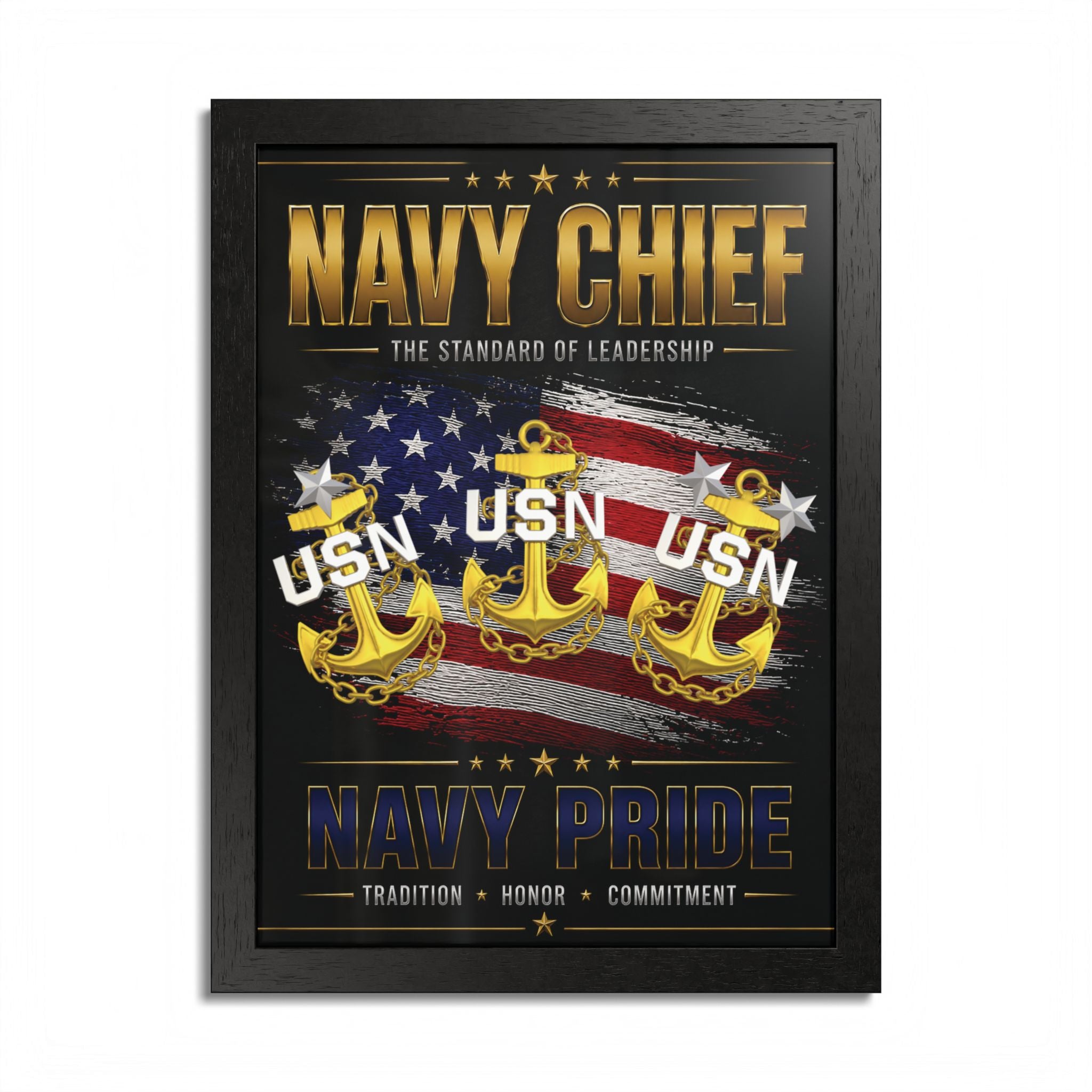 Framed poster with 'Navy Chief' and 'Navy Pride' text, featuring an American flag and anchors.