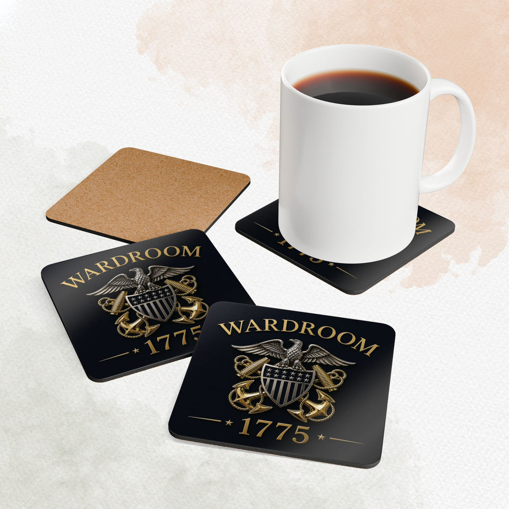 Coasters with 'Wardroom 1775' design on a white surface with a mug of coffee.