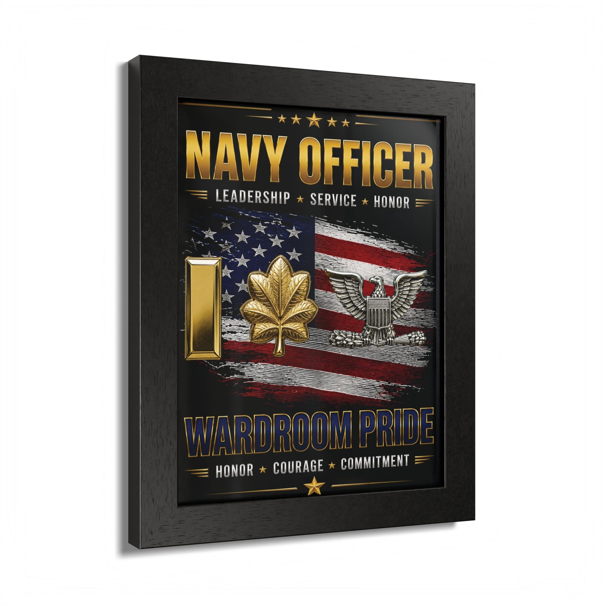 Framed artwork with 'Navy Officer' text and American flag design on a white background
