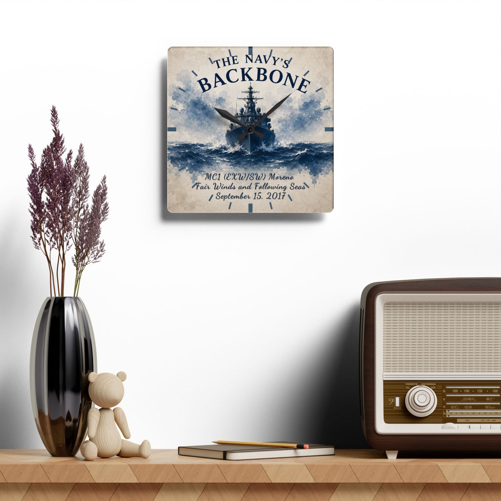 Decorative wall clock with naval design on a shelf with a vase, teddy bear, and radio.