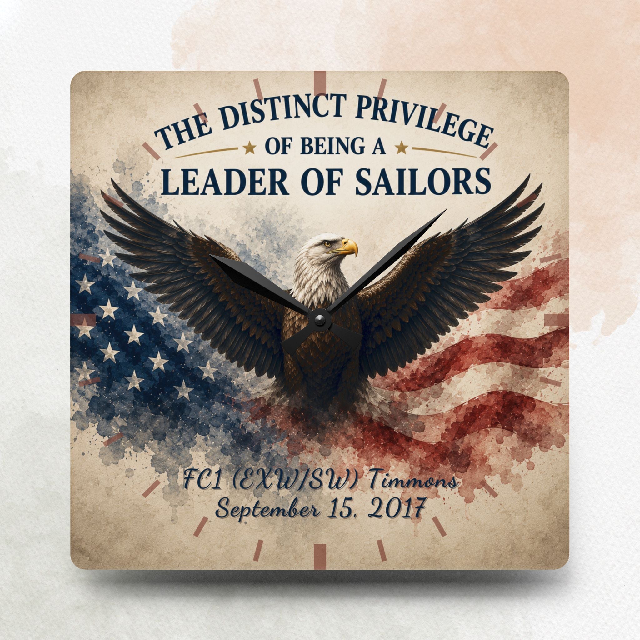 Decorative clock with an eagle and American flag design, featuring text about being a leader of sailors.