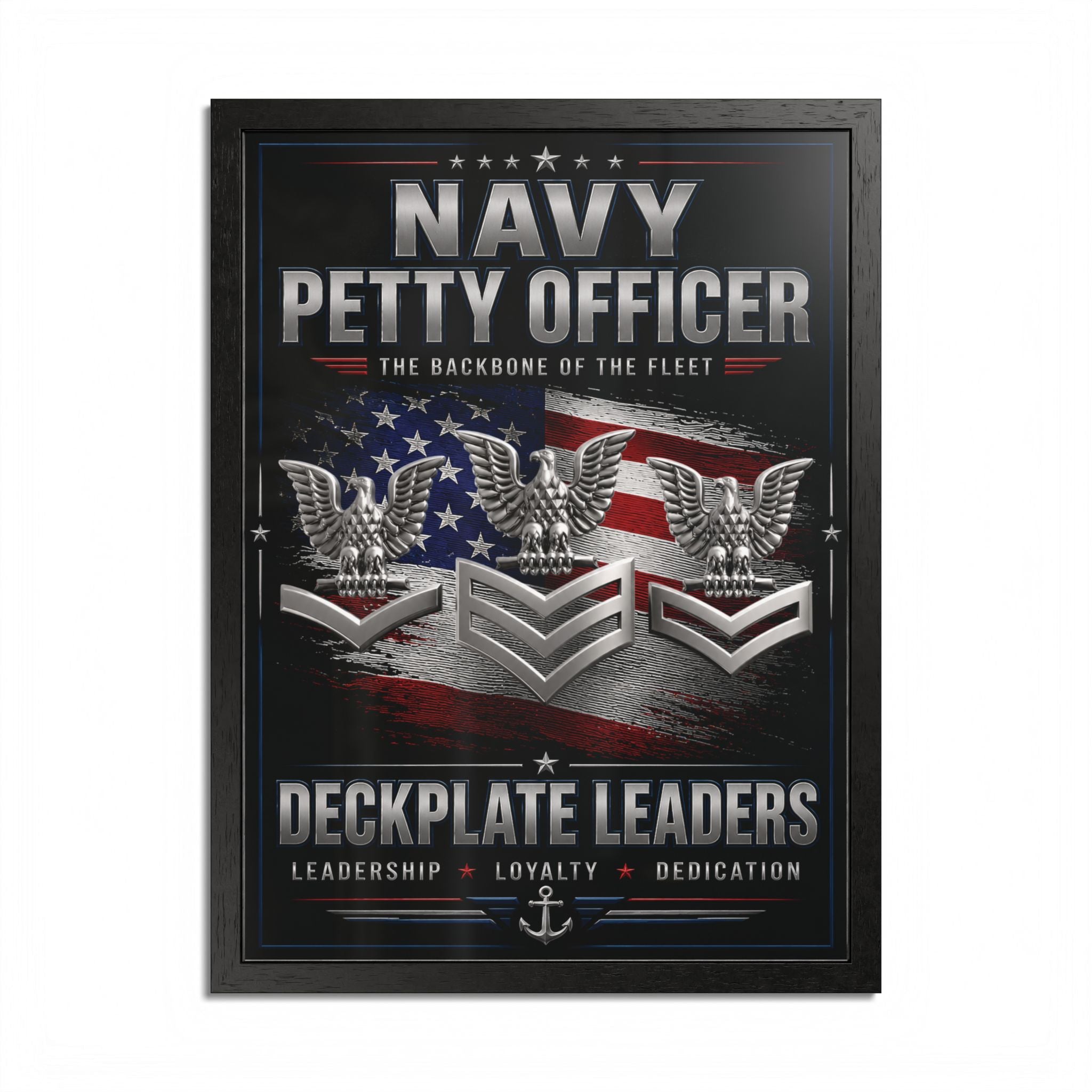 Framed poster with Navy Petty Officer insignia and text on a black background