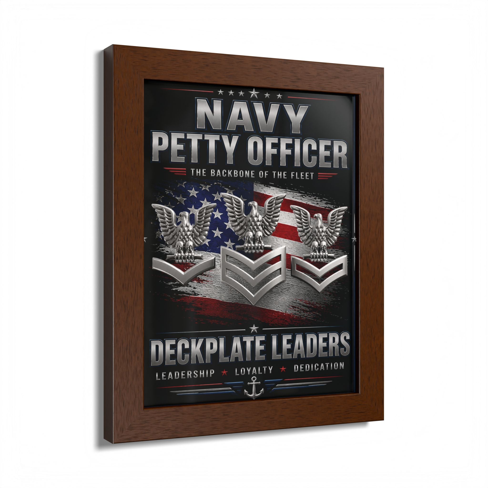 Framed poster with Navy Petty Officer insignia and text on a white background
