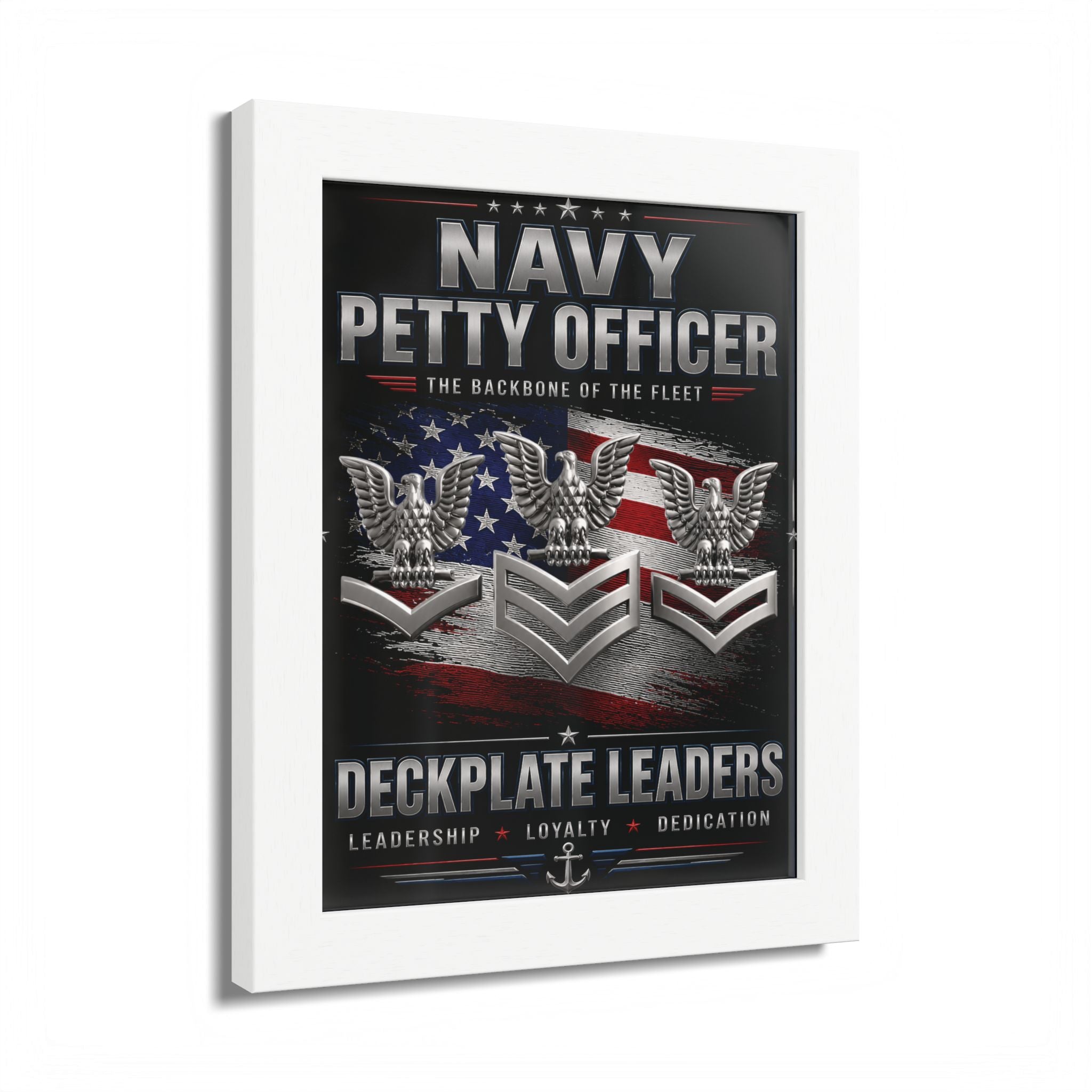 Framed poster with Navy Petty Officer insignia and text on a black background