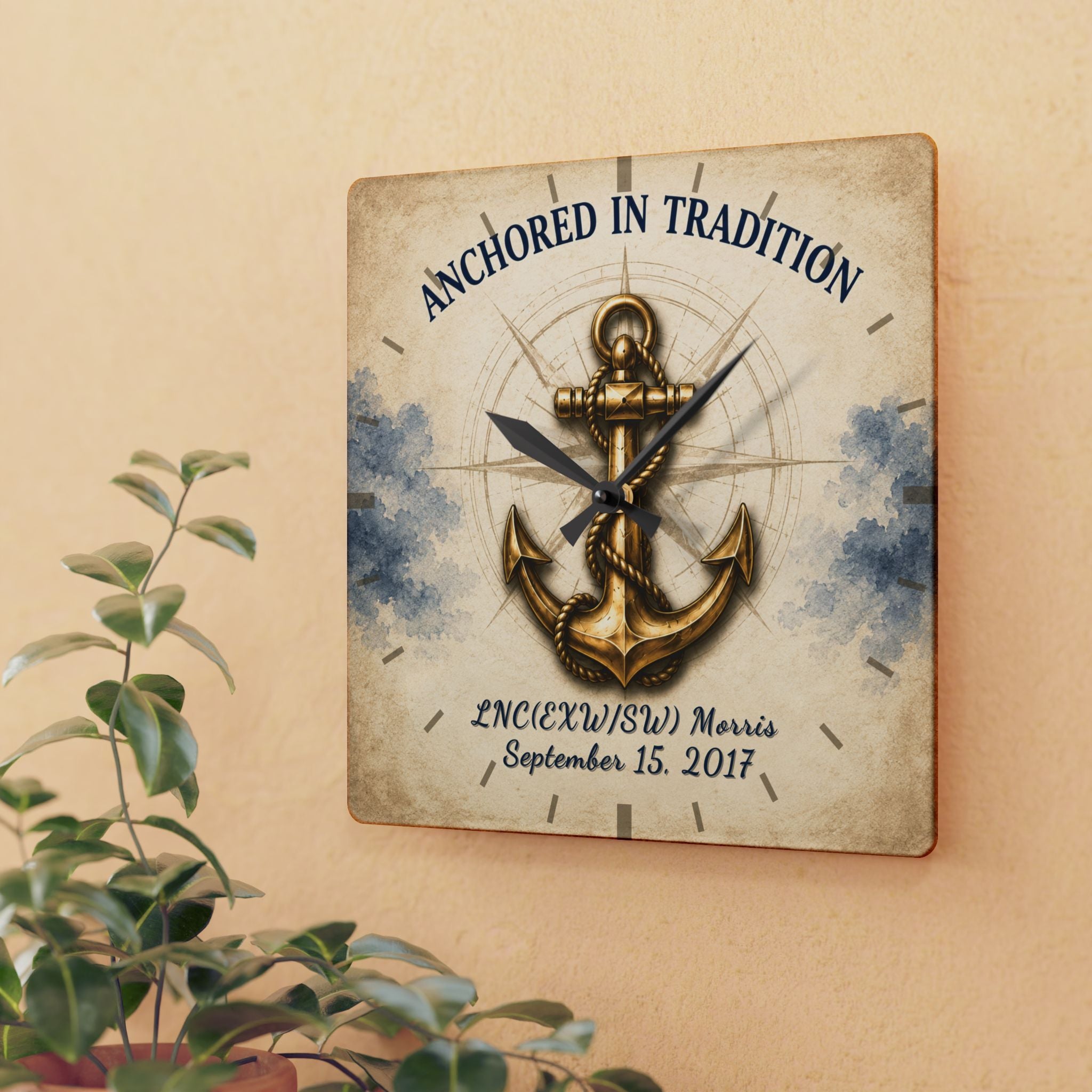 Decorative wall clock with anchor design and text on a beige wall.