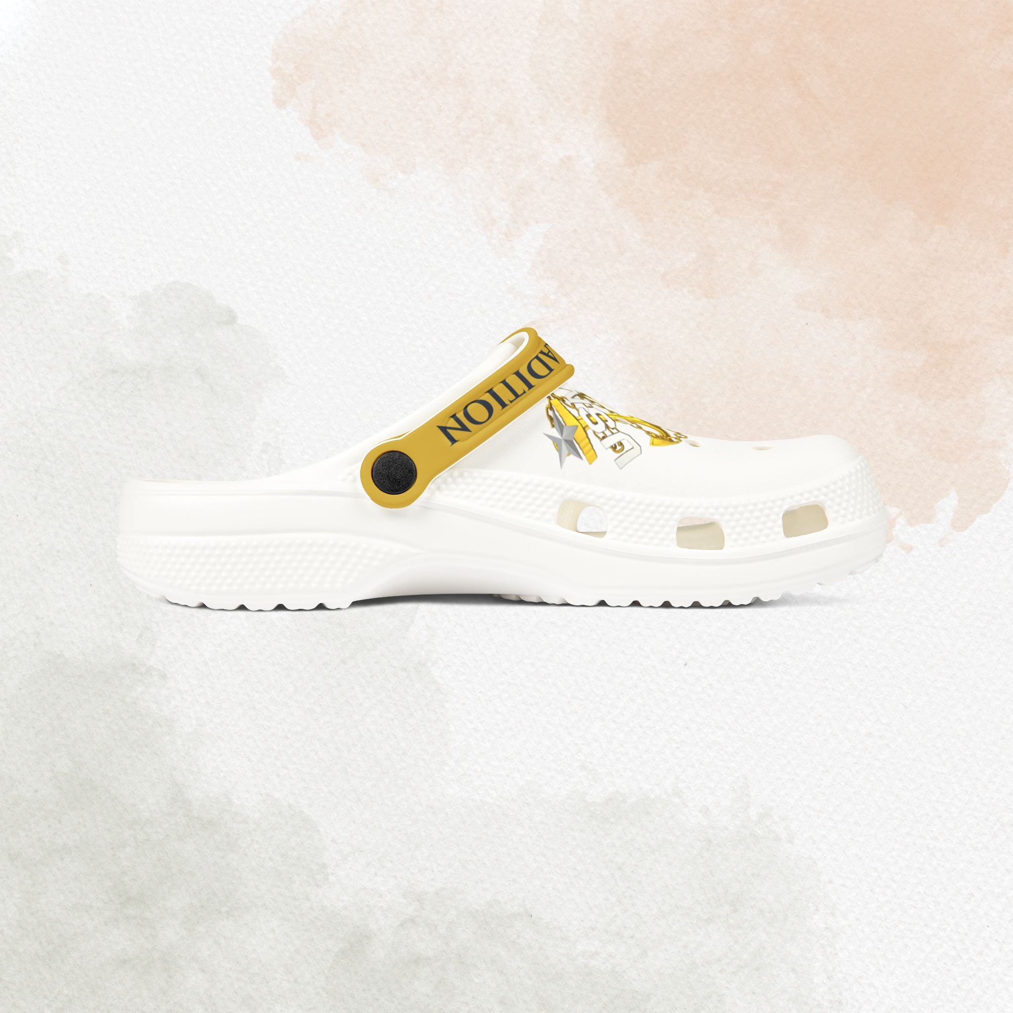 White clog shoe with yellow strap and logo on a white background