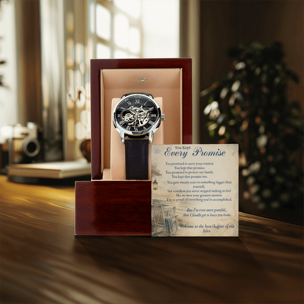 Navy retirement automatic skeleton watch in mahogany gift box