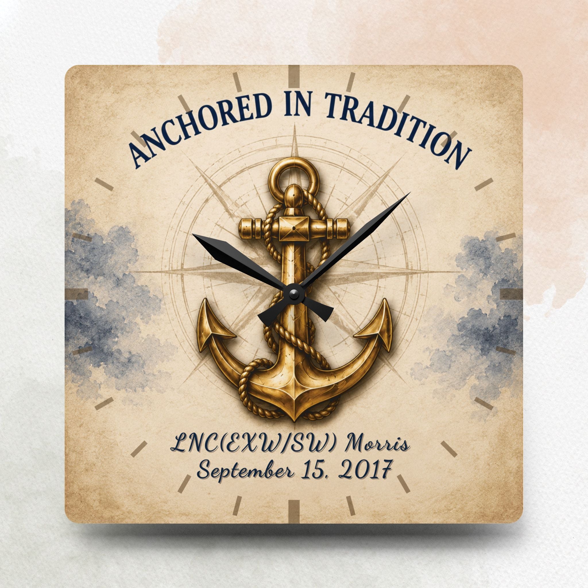 Decorative wall clock with anchor design and text on a light background