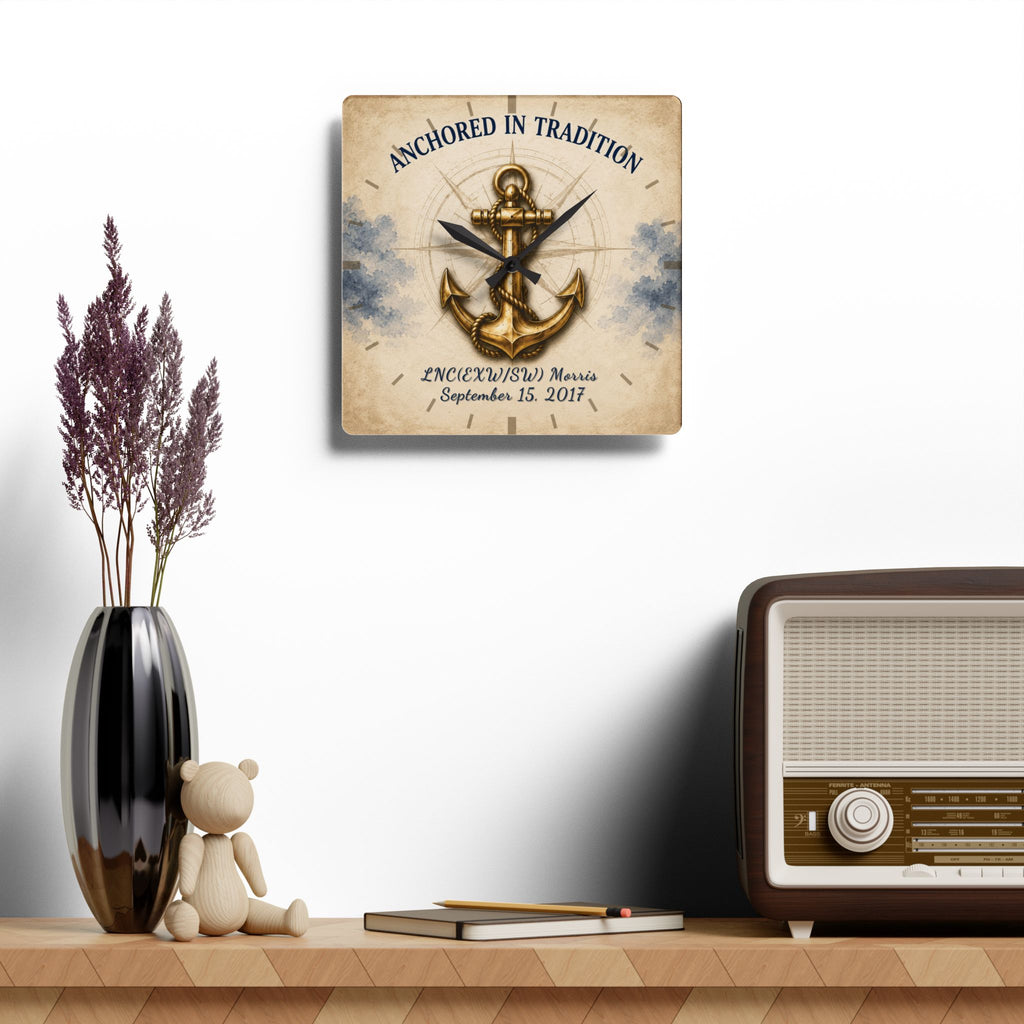 Decorative wall clock with anchor design on a shelf with a vase, teddy bear, and radio.