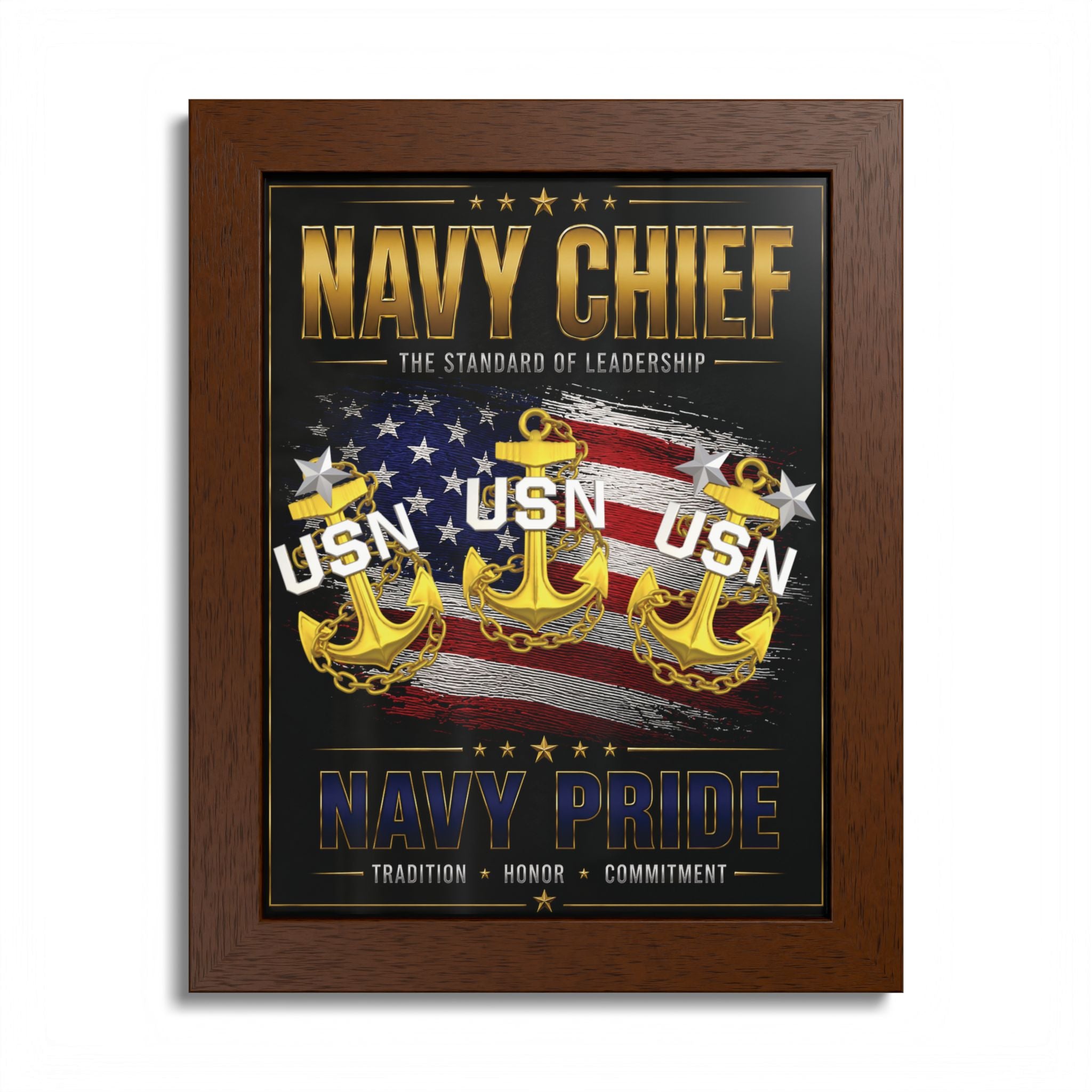 Framed poster with navy chief design, anchors, and USN logo on a white background