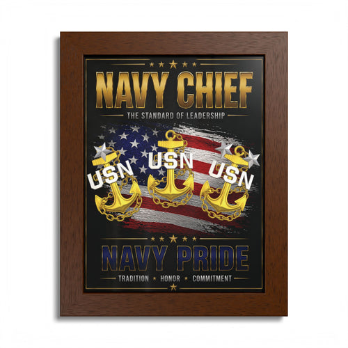 Framed poster with navy chief design, anchors, and USN logo on a white background