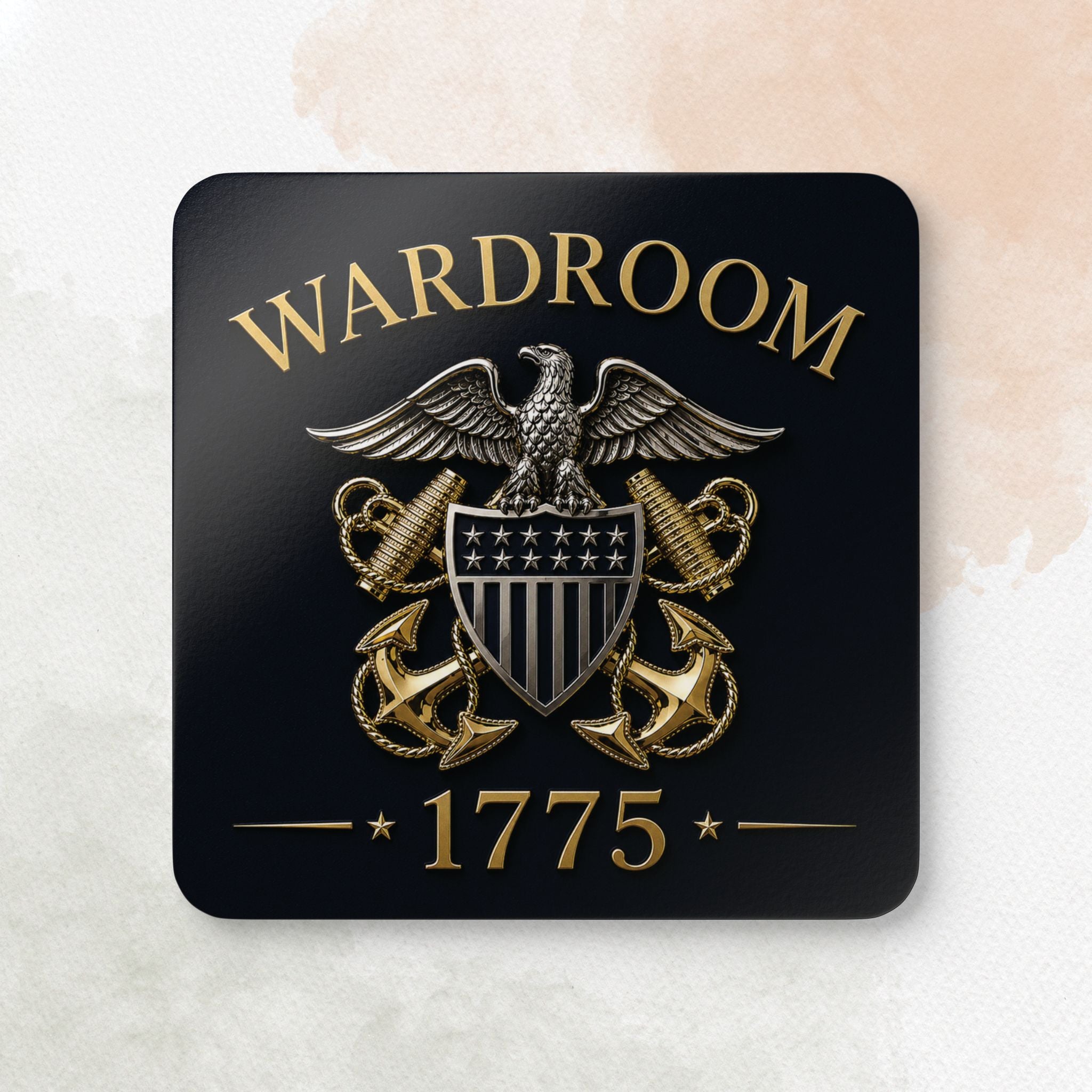 Coaster with 'Wardroom' and '1775' design on a black background