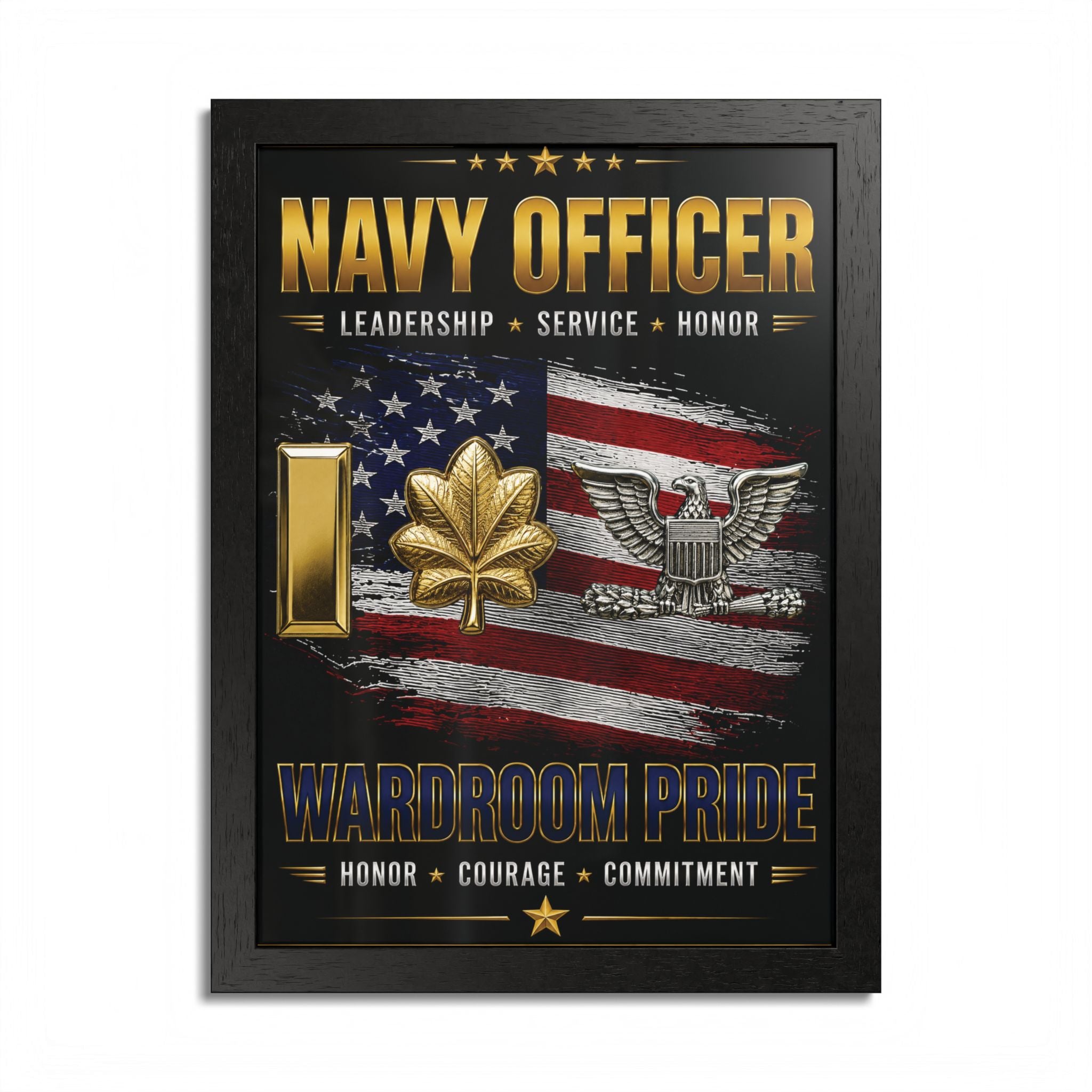 Framed poster with 'Navy Officer' text and American flag design.