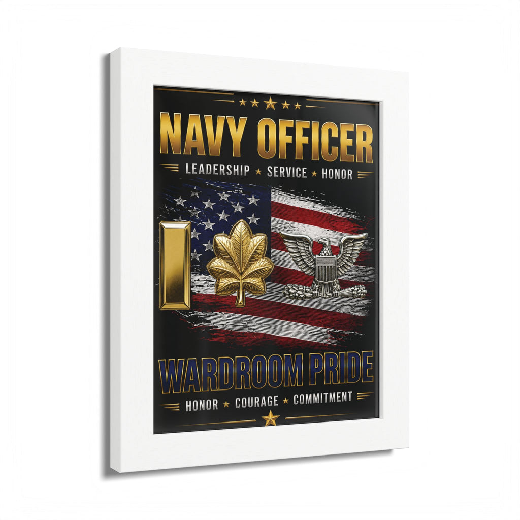 Framed poster with navy officer design featuring American flag and military symbols.