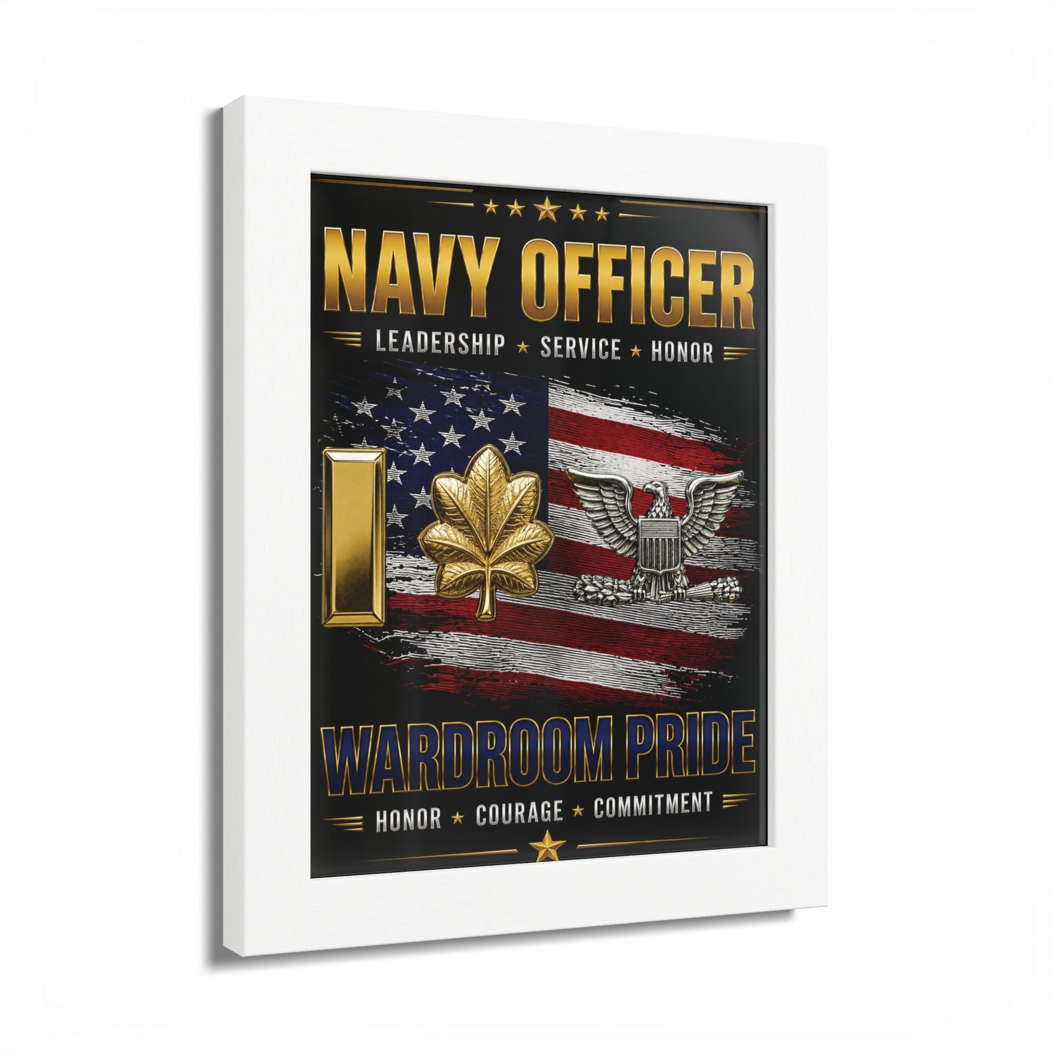 Framed poster with navy officer design featuring American flag and military symbols.