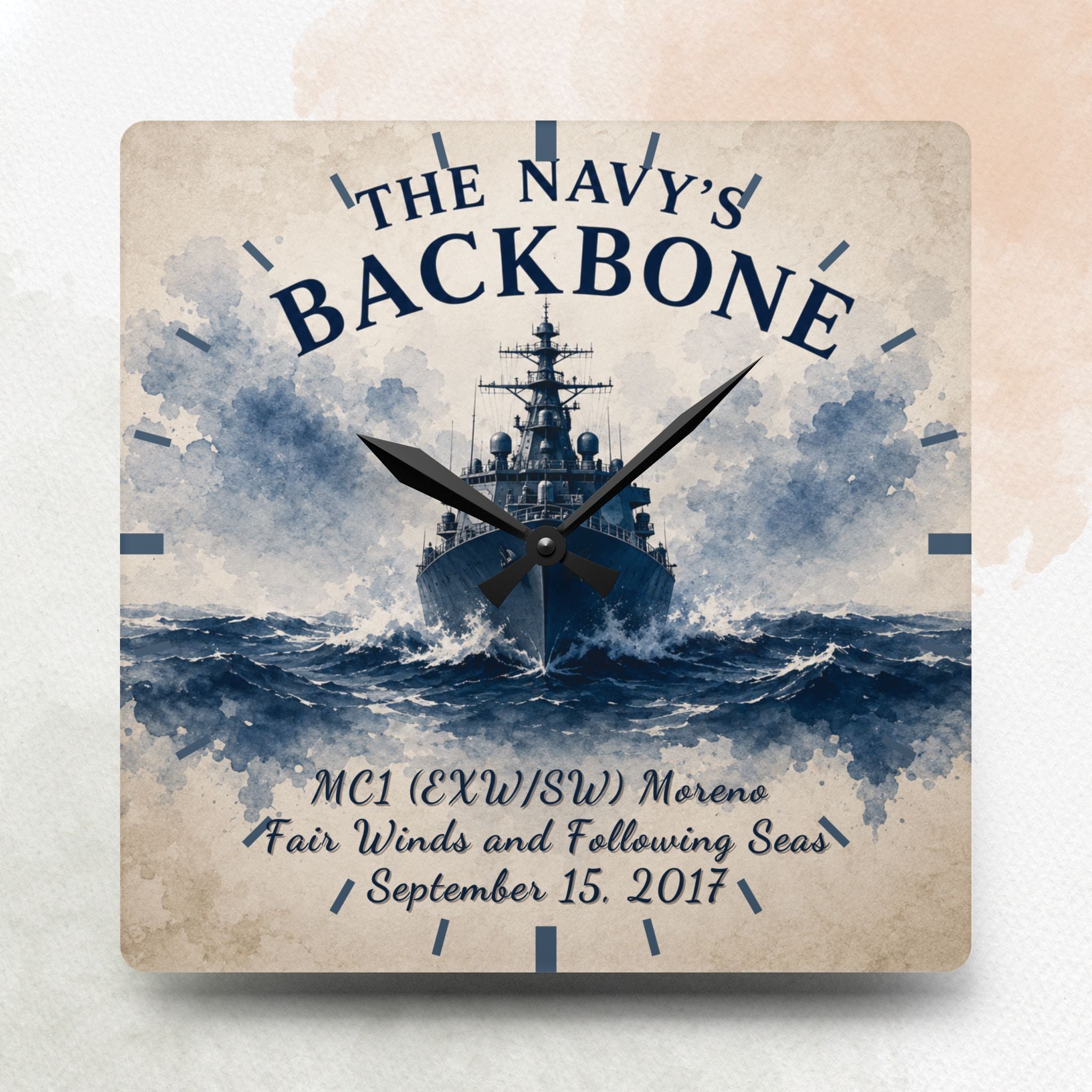 Wall clock with navy ship design and text on a beige background