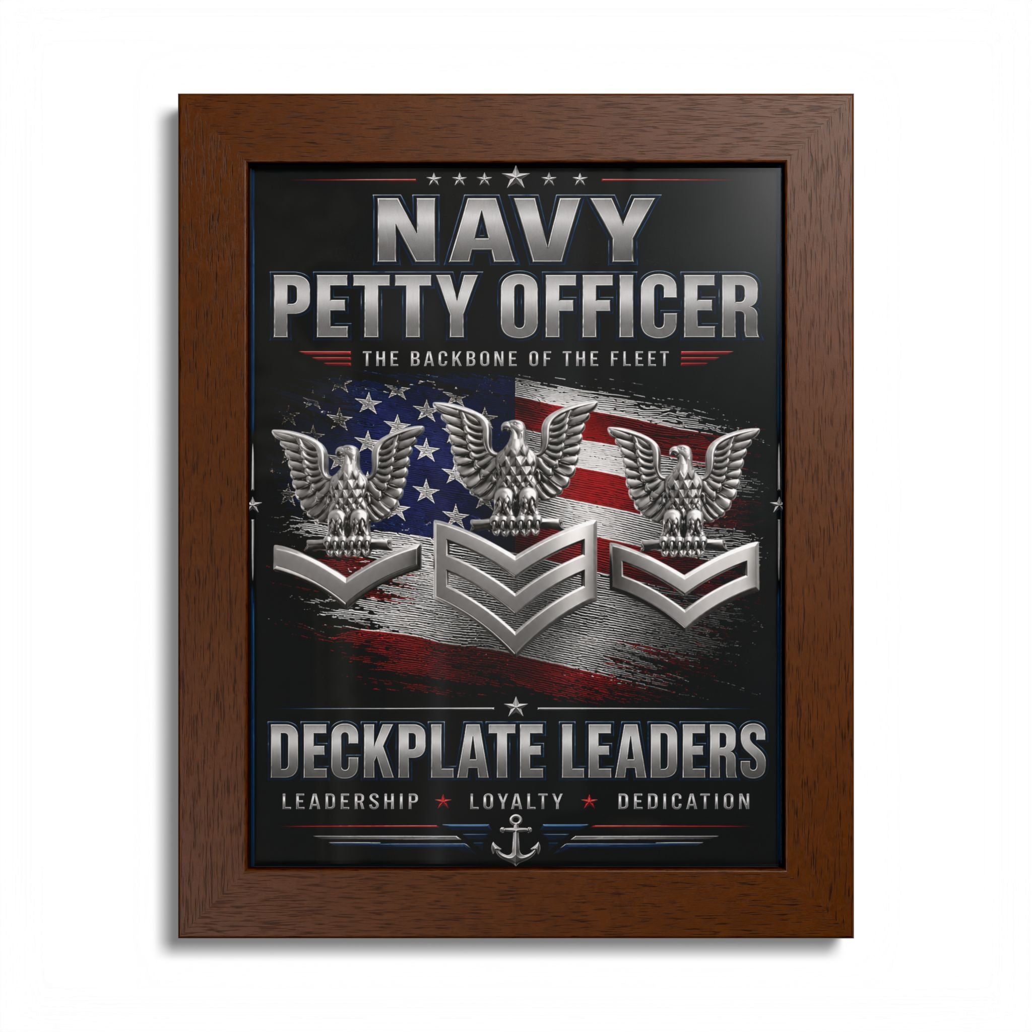 Framed poster with Navy Petty Officer insignia and American flag design.