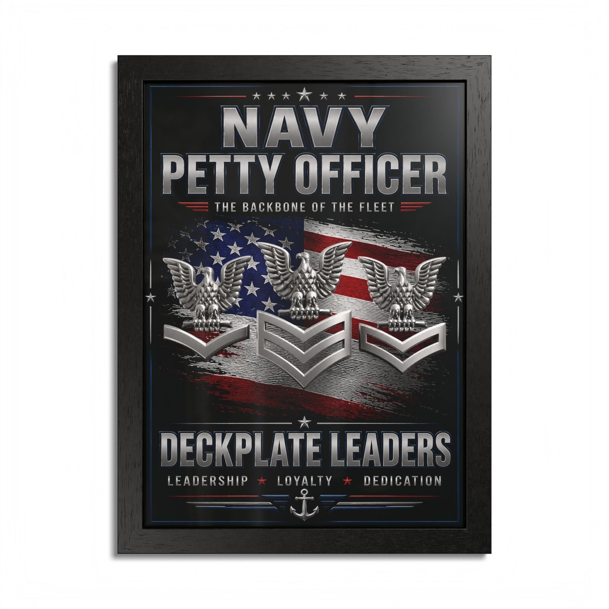 Framed poster with Navy Petty Officer insignia and text on a dark background