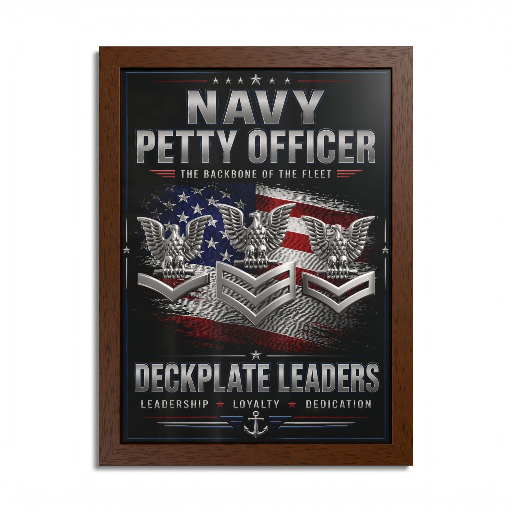 Framed poster with Navy Petty Officer insignia and text on a white background