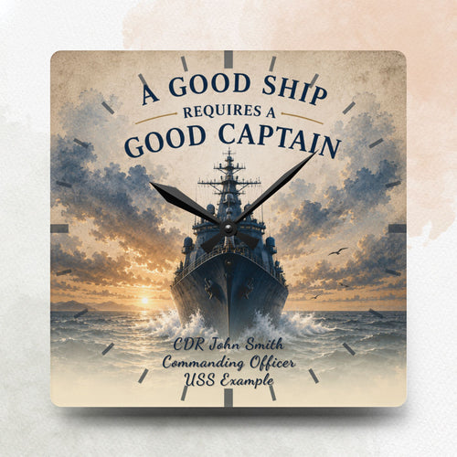 Decorative clock with ship design and text on a light background