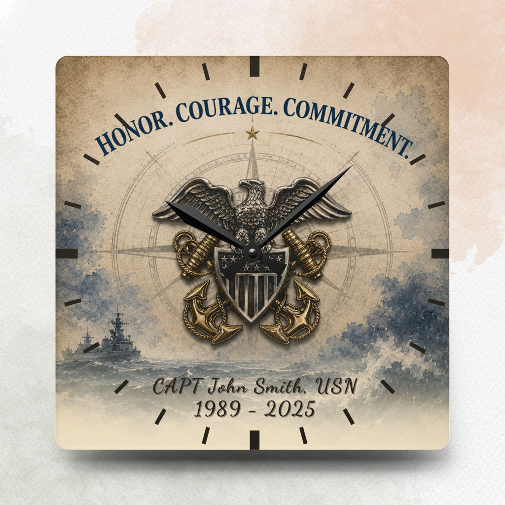 Decorative wall clock with military emblem and text on a beige background