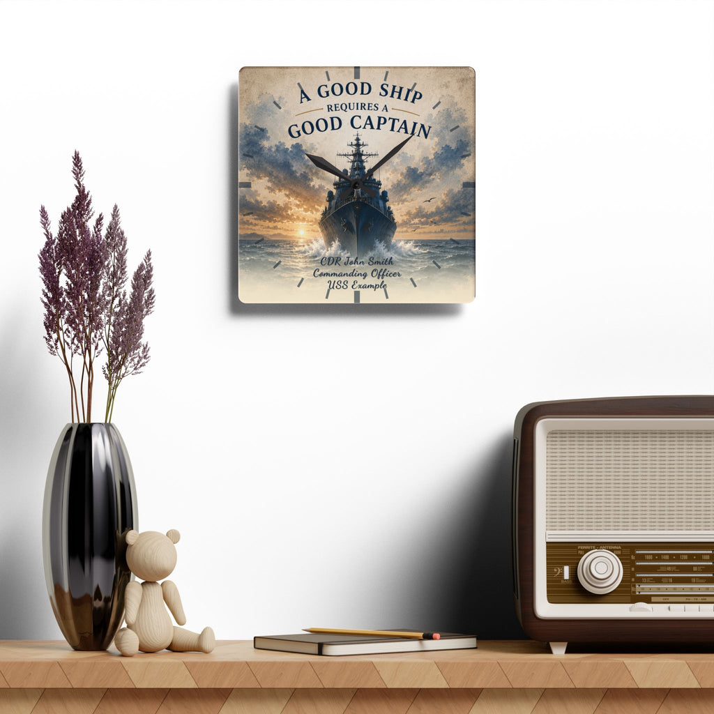 Decorative wall clock with ship design on a shelf with a vase, teddy bear, and radio.