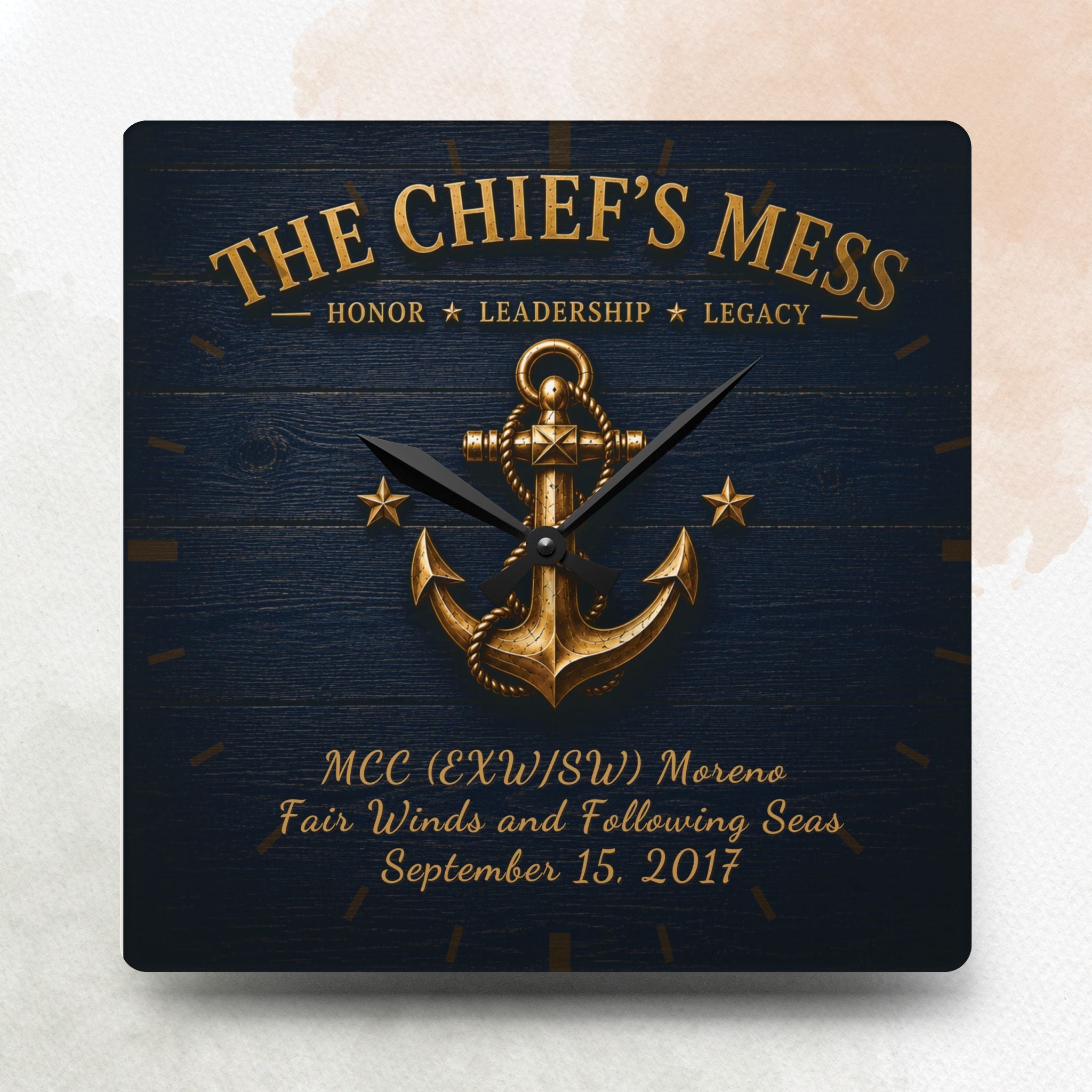 Decorative clock with anchor design and text on a dark blue background