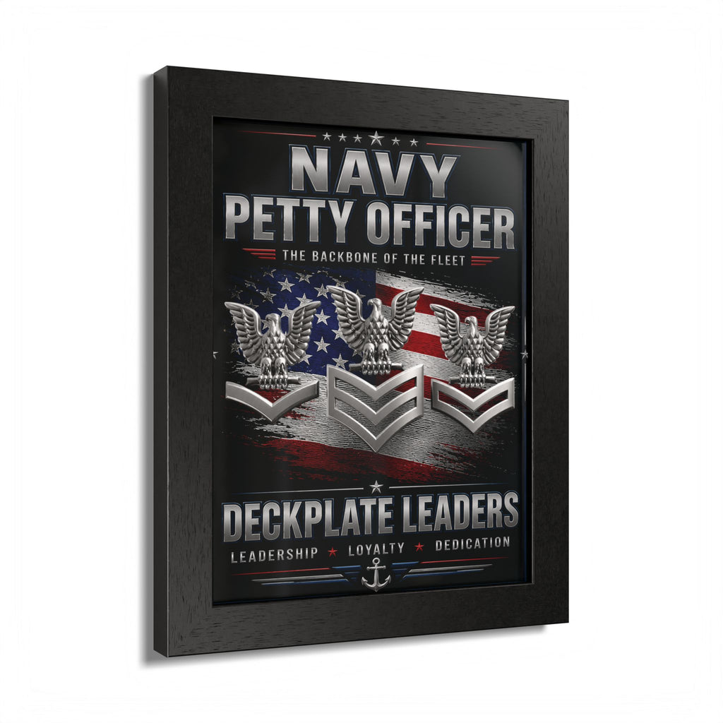 Framed poster with Navy Petty Officer insignia and text on a white background