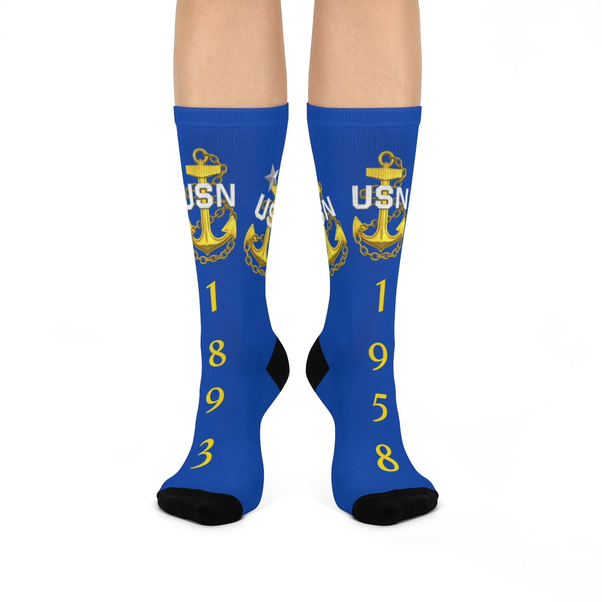 Blue socks with USN anchor design on a white background