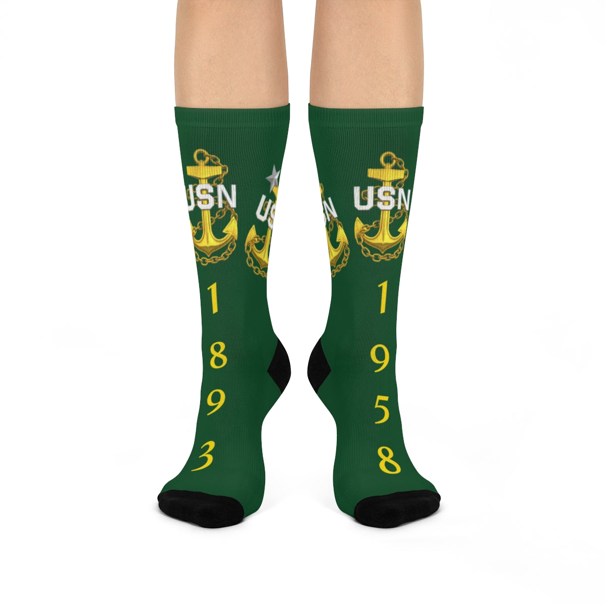 Green socks with USN anchor logo and numbers on a white background