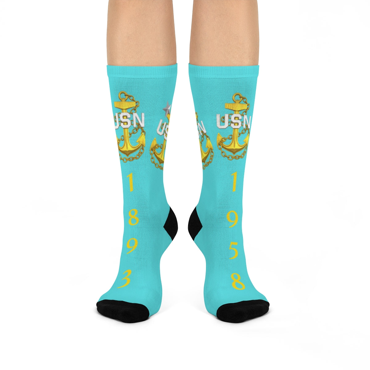 Turquoise socks with USN logo and numbers on a white background