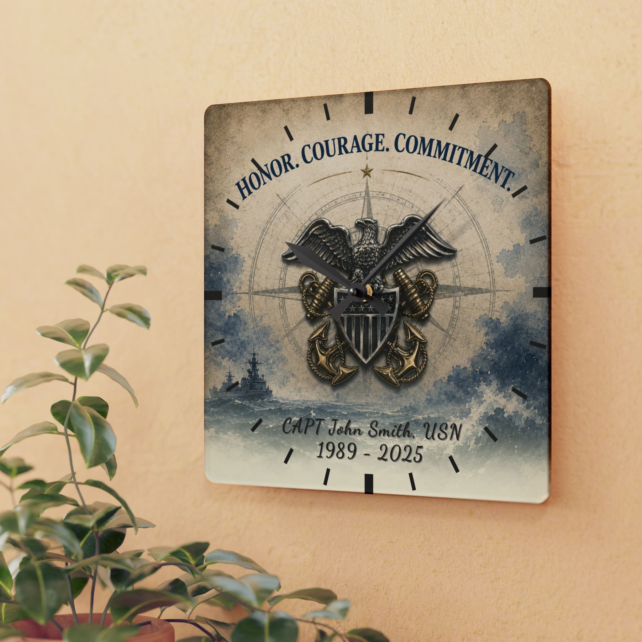 Decorative wall clock with military emblem and text on a beige wall.