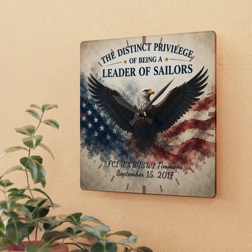 Decorative wall plaque with an eagle and American flag design on a beige wall.