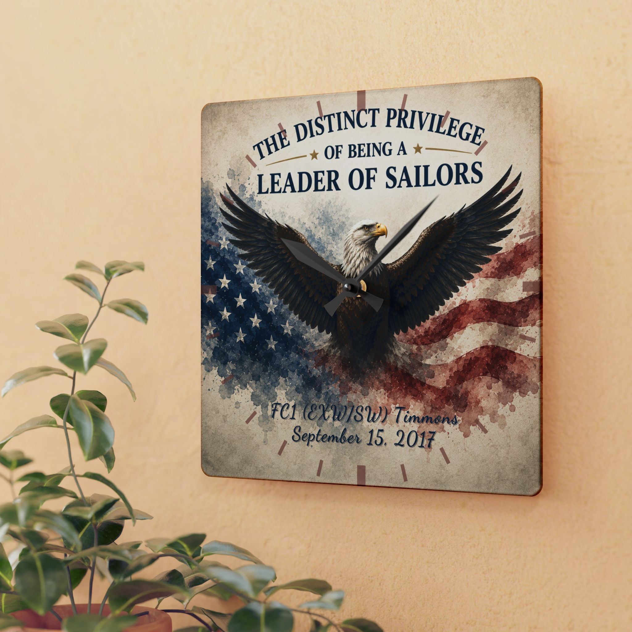 Decorative wall plaque with an eagle and American flag design on a beige wall.