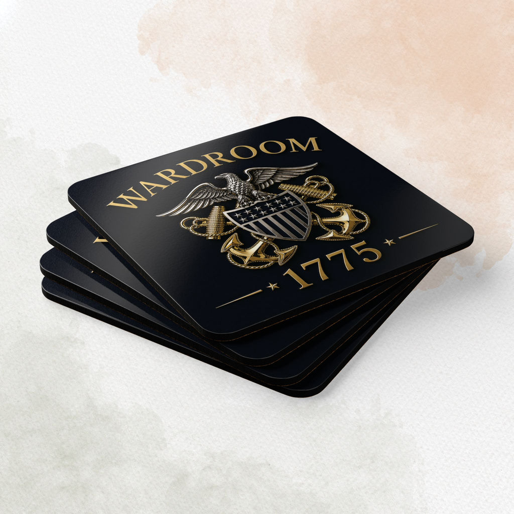 Stack of black coasters with gold 'Wardroom' and '1775' text on a light background