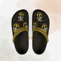 Black slides with yellow and white text and graphics on a textured beige background