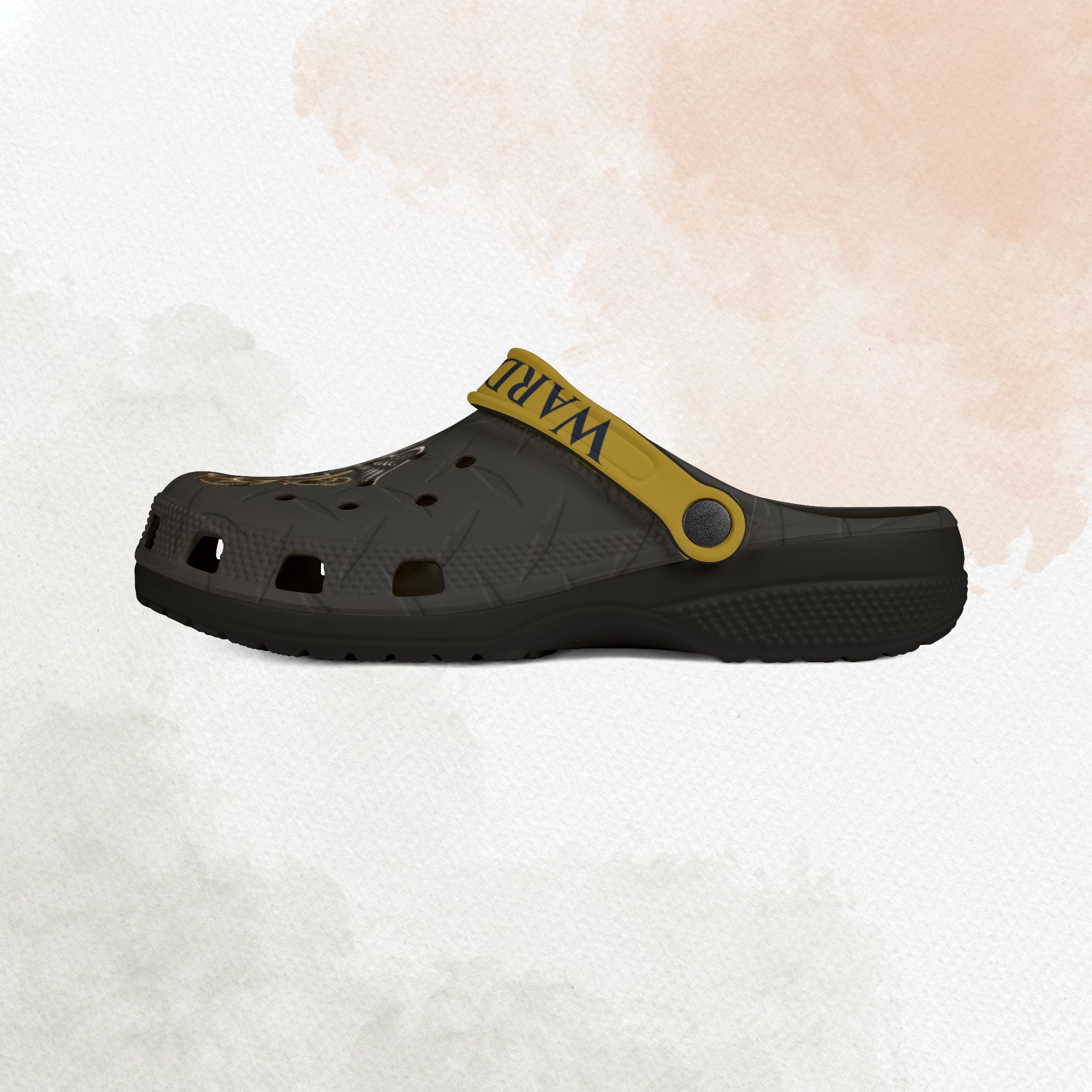 Black clog shoe with yellow strap on a textured beige background