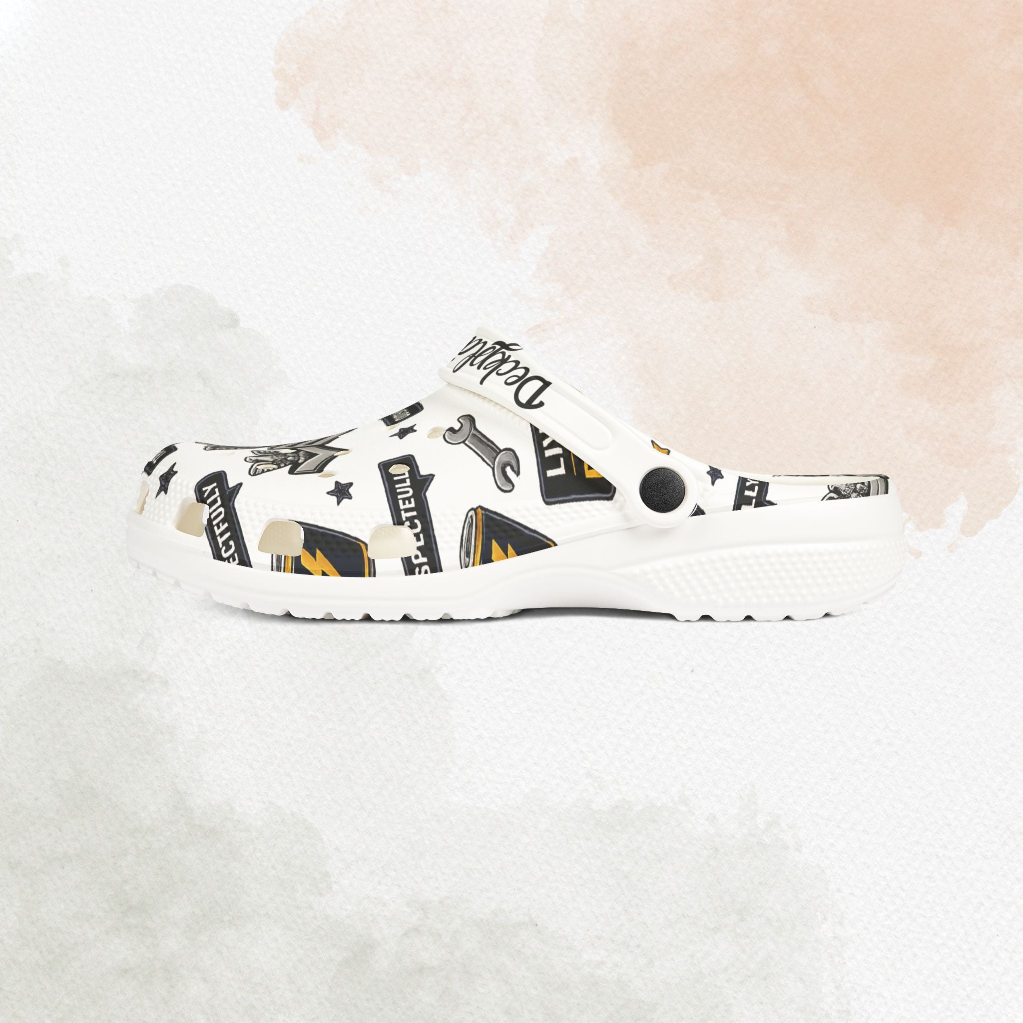 White slip-on shoe with black geometric pattern on a white background