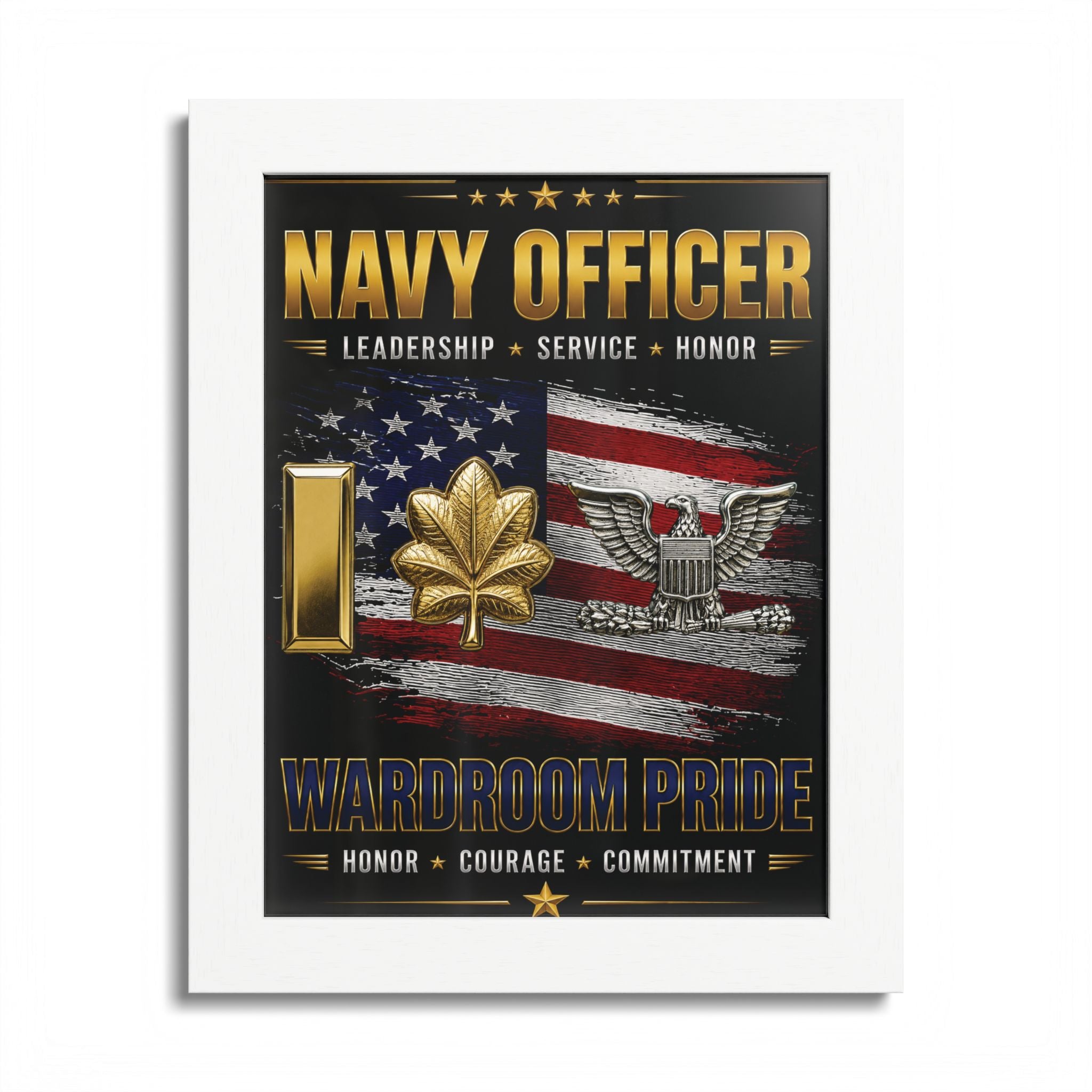 Decorative poster with navy officer insignia and American flag on a black background