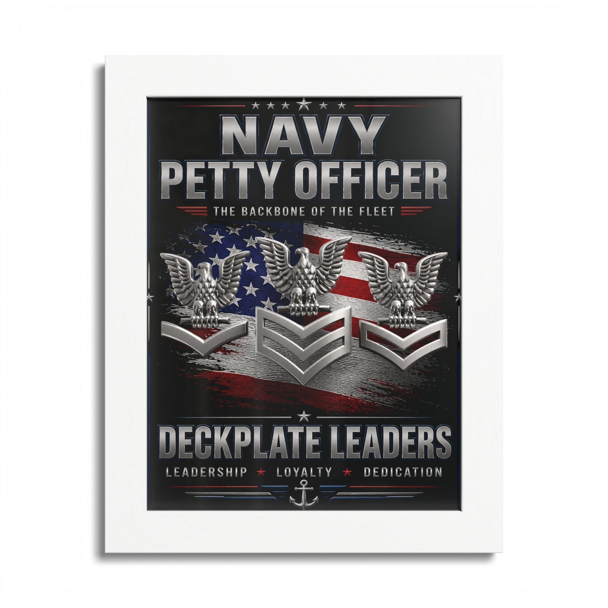 Poster for Navy Petty Officer with American flag and military insignia on a black background